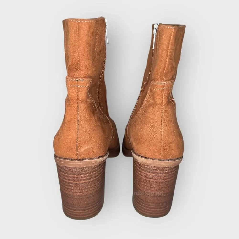 Brown Suede Ankle Boots Size 7.5 Block Heel Minimalist Western Chic